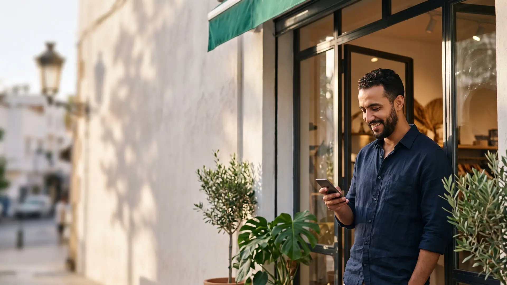 Gérant marocain souriant devant sa vitrine, téléphone en main